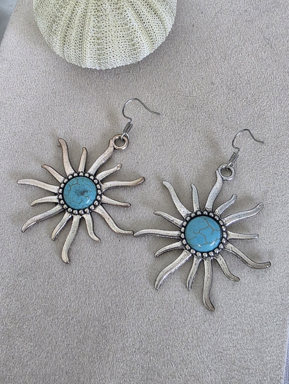Boho Southwestern Silver Sunburst Dangle Earrings with Turquoise Style Stone